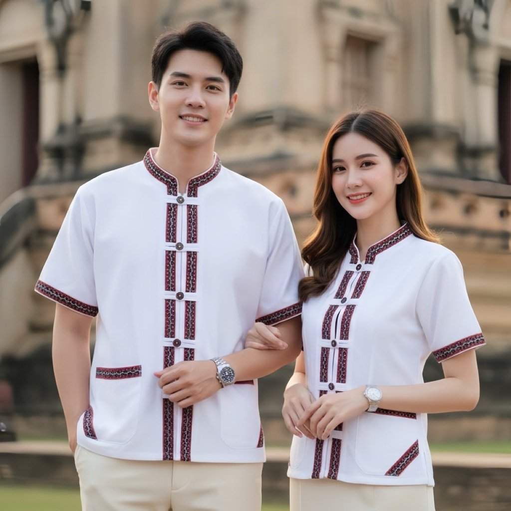 เสื้อพื้นเมืองแต่งเทปแขนสั้น คู่ ชาย/หญิง