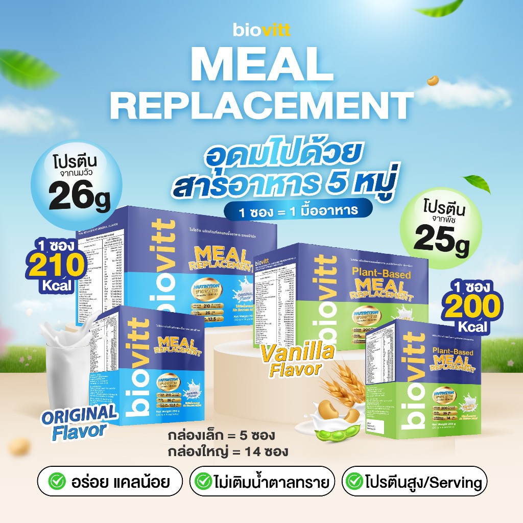 biovitt Meal Replacement ผลิตภัณฑ์ ทดแทนมื้ออาหาร รสออริจินัล อยู่ท้อง (1กล่อง14ซอง)