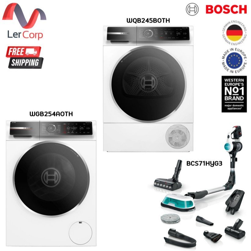 (BOSCH) เครื่องอบผ้า 9 kg รุ่น WQB245B0TH + เครื่องซักผ้า 10 kg รุ่น WGB254A0TH + เครื่องดูดฝุ่นไร้ส