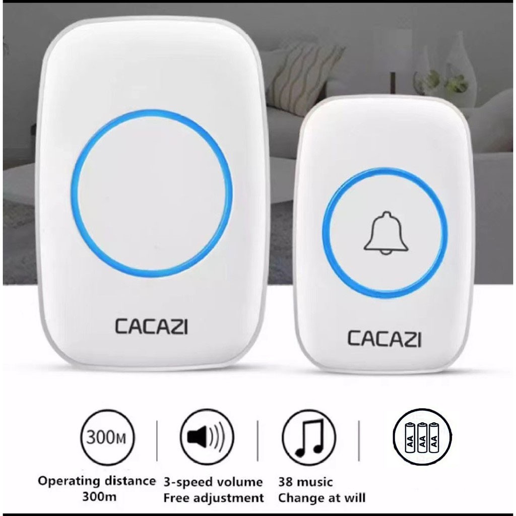 🔔ออดไร้สาย Cacazi (รุ่น BB0115) ระยะการทำงานสูงสุด 300 เมตรเมโลดี้ที่สดใสเสียงเรียกเข้า 38 เสียงกันน้ำและกันฝุ่น Cacazi