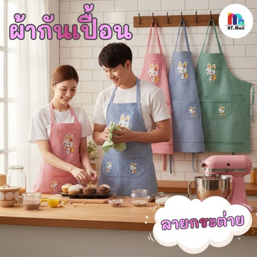 AT.MALL ผ้ากันเปื้อนแฟชั่น ลายกระต่ายตาราง (Free Size) | มีกระเป๋าหน้า กันเปื้อน 100% | สำหรับทำอาหาร/คาเฟ่/เบเกอรี่