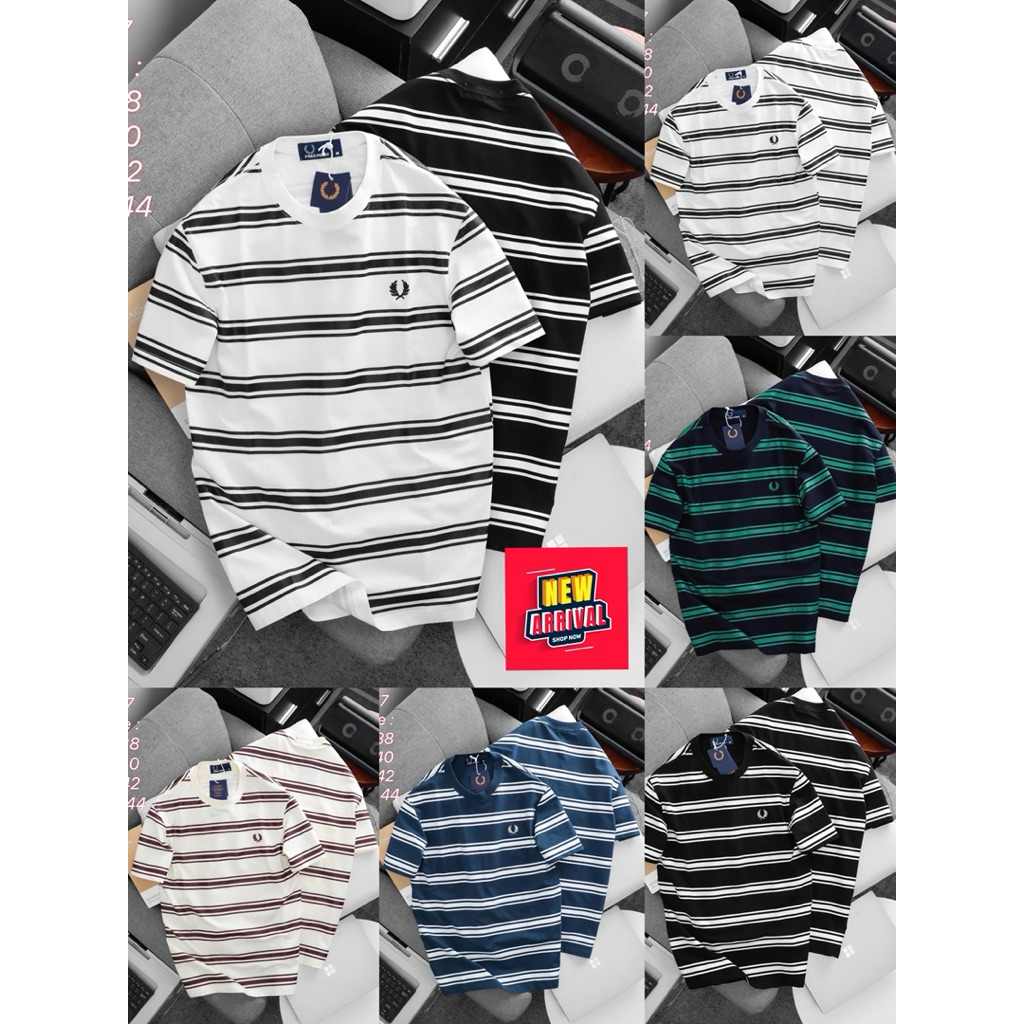 เสื้อยืดแขนสั้นคอกลมแฟชั่นผู้ชาย Fred ปักอก 🌾 รวงข้าว Cotton ลายทาง สวมใส่สบาย