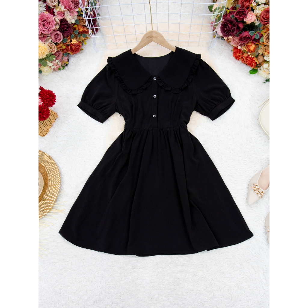 เดรสผู้หญิงแนวมินิมอลสไตล์เกาหลี สีดำ ผ้าโพลีเอสเตอร์ผสมเรยอน