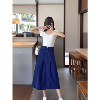 กระโปรงยีนส์ยาวแต่งจิ๊บS-8XL เอวสูงเก็บพุง สาวพลัสไซส์ใส่สวย นื้อผ้ายีนส์ไม่ยืด