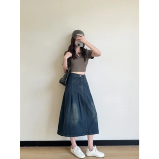 กระโปรงยีนส์ยาวแต่งจิ๊บS-8XL เอวสูงเก็บพุง สาวพลัสไซส์ใส่สวย นื้อผ้ายีนส์ไม่ยืด
