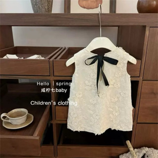 พร้อมส่ง(มีส่งด่วน)☁️เดรสลูกสาวงานปักขาวผูกโบว์ดำ