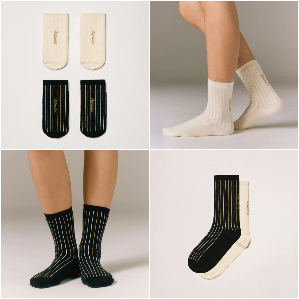 Stripy Soft Socks Socks (เซ็ตละ 2 คู่ Set of 2 Pairs - Cream and Black) - The Flos Club