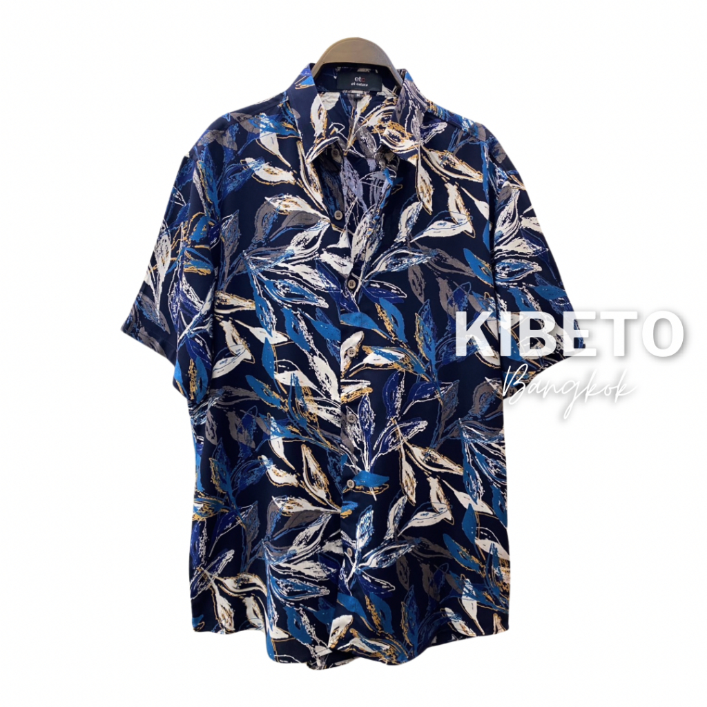 Kibeto เสื้อฮาวาย ลายใบยูคาสีน้ำ สีน้ำเงินกรม ผ้าสปันเรยอน เนื้อนิ่ม ใส่สบาย M L XL 2XL 3XL