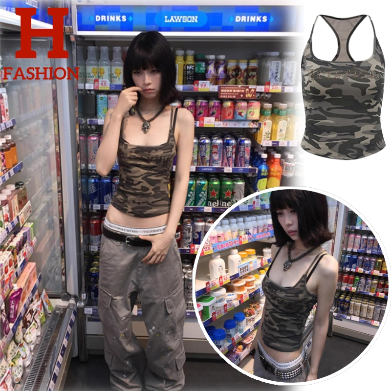 HOT FASHION THAI พร้อมส่ง เสื้อกล้าม ลายทหารเกาหลีเบาๆ เสริมฟองน่ำในตัว เรียบๆใส่ง่ายสบาย -FY3574