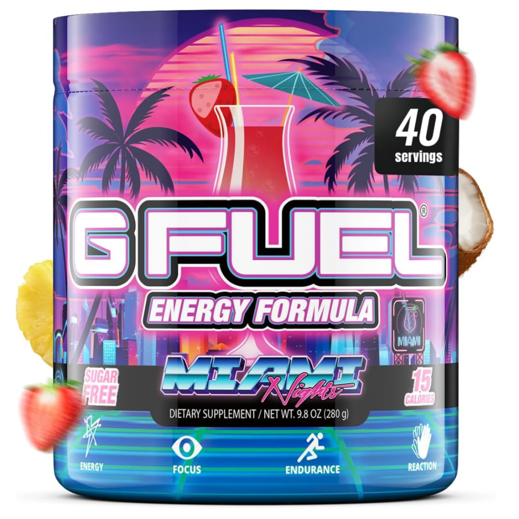 G Fuel Miami Nights Energy Drink Powder, Pre Workout Caffeine Mix for Gaming, Sugar Free Focus Amino
