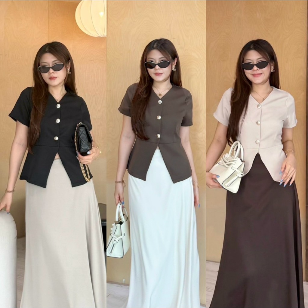 Zara:: ชุดเซ็ท 2 ชิ้น กระโปรงยาว ชุดเซ็ทกระโปรงตัวยาว เสื้อยาวคอวีแต่งกระดุมทอง เรียบหรู ทำงาน BETTY