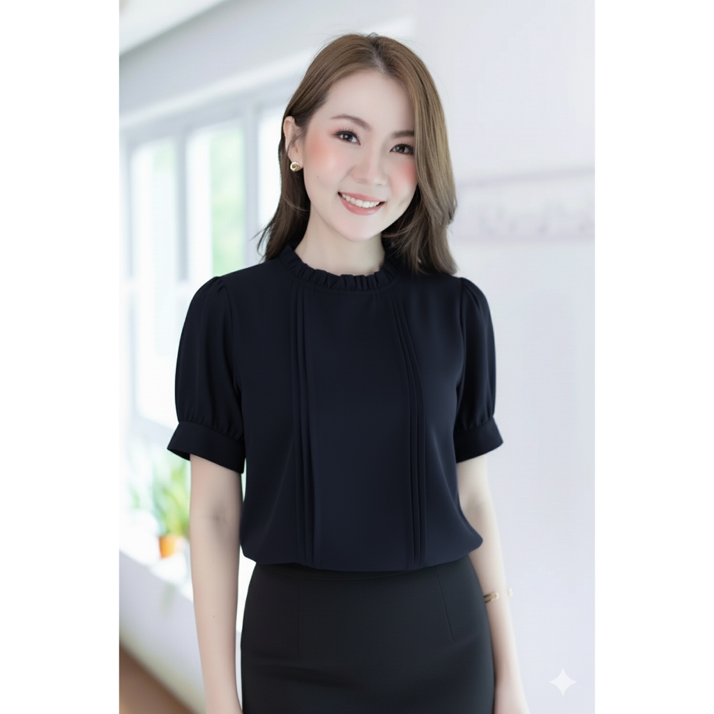 Narinari : MT0404 Ruff Collar Balloon Sleeve Blouse เสื้อทำงานคอจีบ