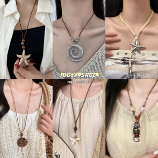 สร้อยคอพร้อมจี้ สไตล์วินเทจ ลายปลาดาว สานด้วยไม้ไผ่ สร้อยเชือก ปรับความยาวได้ มีหลายแบบให้เลือก COD