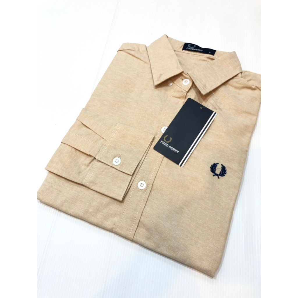 Fredperryเสื้อเชิ้ตแขนยาวสีครีมเนื้อผ้าอ๊อกฟอตไม่ร้อน