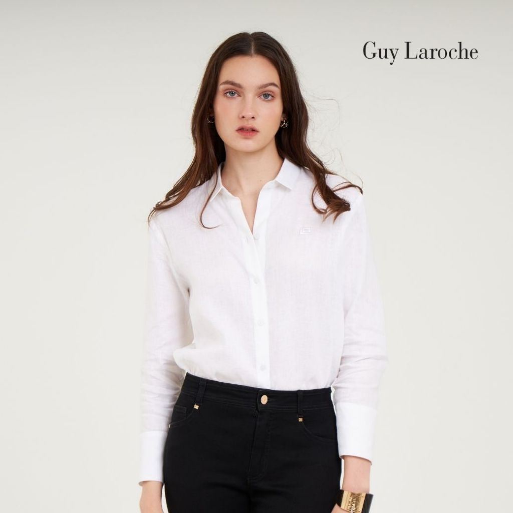 Guy laroche เสื้อเชิ้ตผู้หญิง Light Linen แขนยาว สีขาว G9U2WH