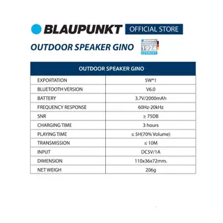 BLAUPUNKT ลำโพงบลูทูธพกพา เสียงดี เบสแน่น แบตอึด 2000mAh รุ่นใหม่ Bluetooth 6.0 รุ่น GINO