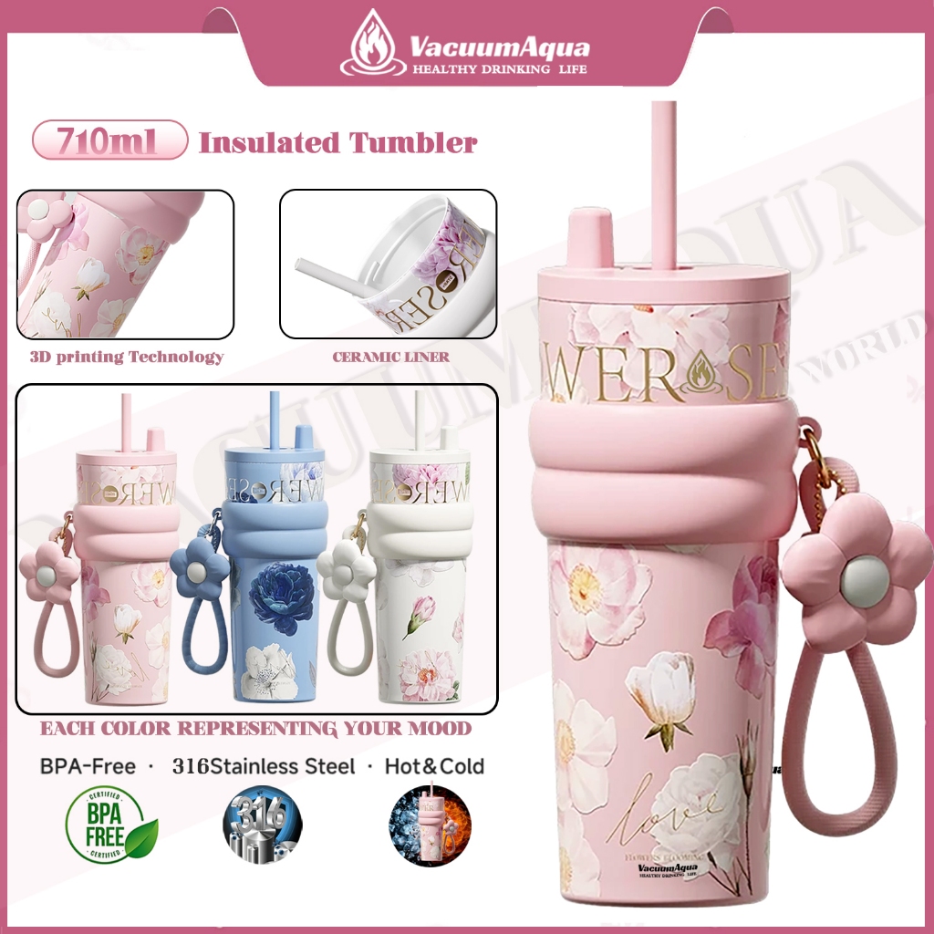 Vacuum Aqua แก้วกาแฟสแตนเลสสตีล เซรามิคไลเนอร์ พร้อมฝาปิด 710ml กระติกสูญญากาศเก็บความร้อนและความเย็น ขนาดพกพา ทนทาน