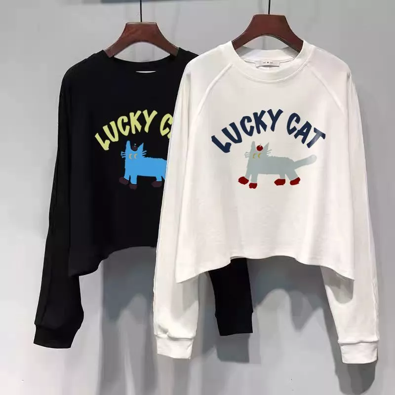 เสื้อครอปแขนยาวสีดำ oversize เสื้อผ้าแฟชั่นสาวอวบนอ้วนไซส์ใหญ่ 100 กิโล เสื้อยืดลายการ์ตูนผู้หญิงสไตล์เกาหลี สตรีทวินเทจ thumbnail 3