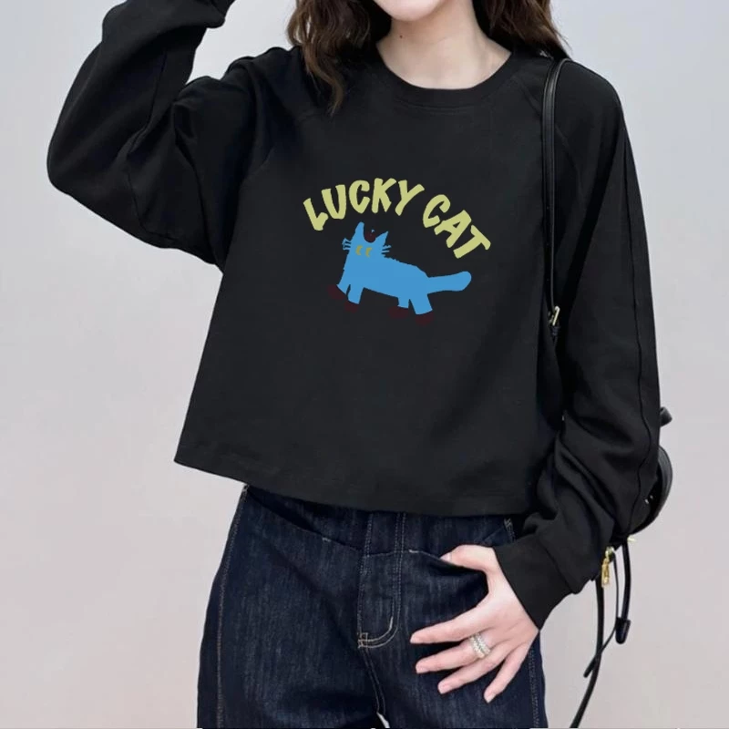เสื้อครอปแขนยาวสีดำ oversize เสื้อผ้าแฟชั่นสาวอวบนอ้วนไซส์ใหญ่ 100 กิโล เสื้อยืดลายการ์ตูนผู้หญิงสไตล์เกาหลี สตรีทวินเทจ thumbnail 5