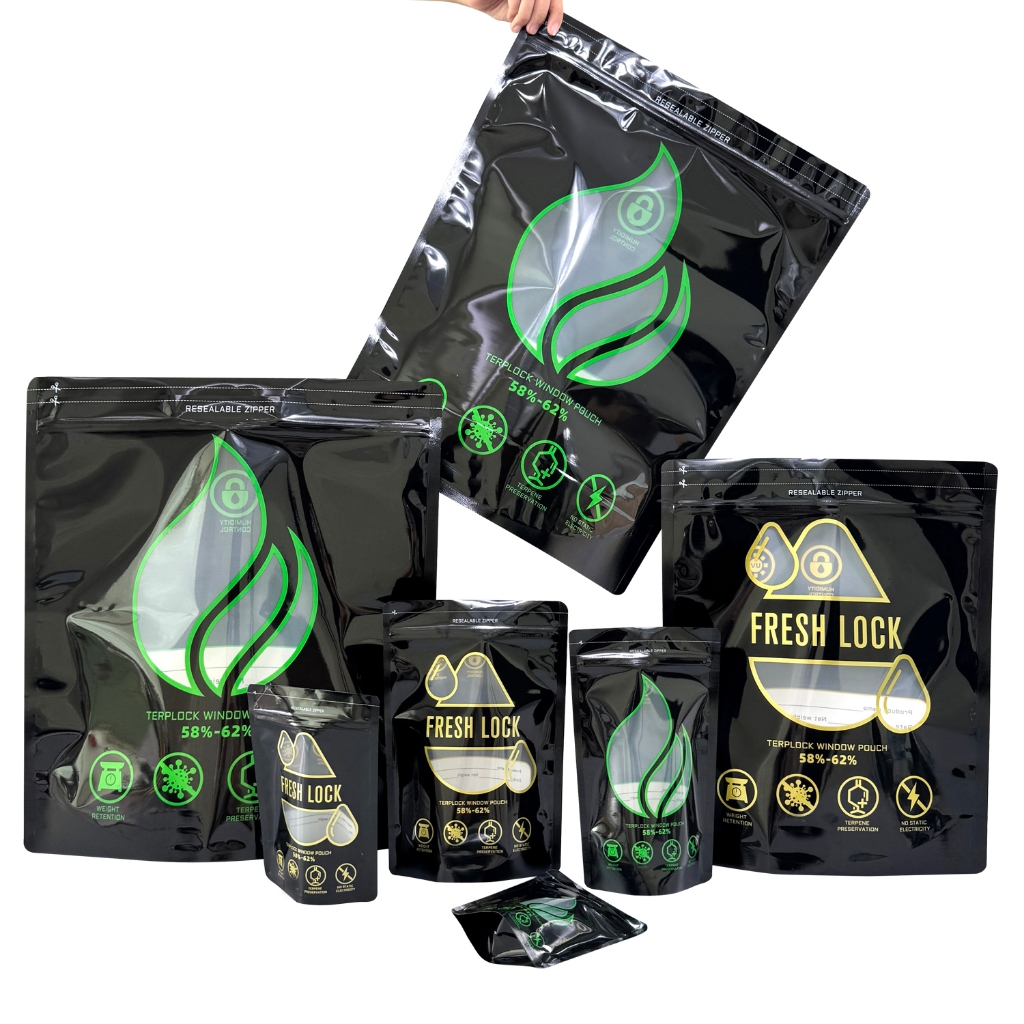 250g–1kg Humidity Control Mylar Standup Bags ถุงฟอยล์ไมลาร์ ปิดสนิท กันกลิ่น พร้อมระบบควบคุมความชื้น