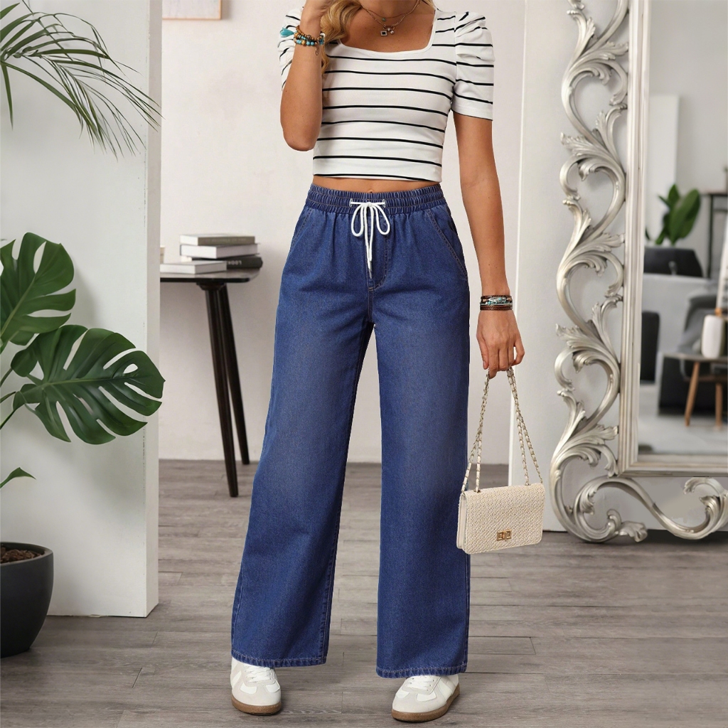 CLASHE กางเกงยีนส์ผู้หญิง S-6XL ทรงหลวม ผ้ายีนส์นิ่ม ฟอกน้ำ เอวสูง ใส่สบาย เหมาะสำหรับอากาศร้อน