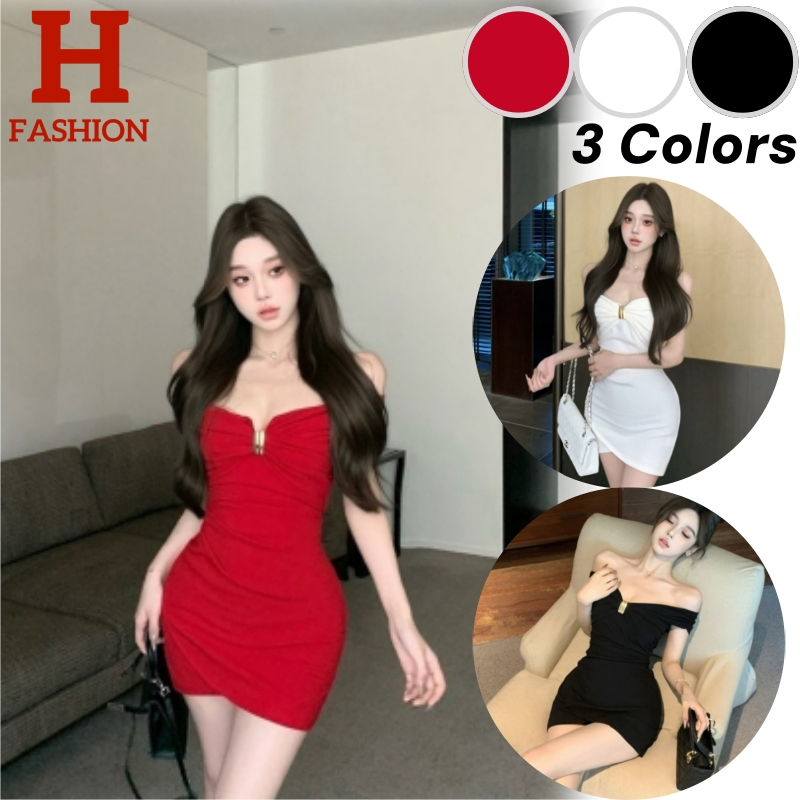 Hot Fashion thai~'พร้อมส่ง' ชุดสีทึบเกาะอกแขนกุดจีบปิดกระเป๋าเอวกระโปรงสะโพก-FY2770