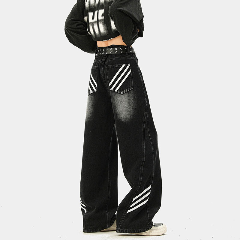 Henary กางเกงยีนส์ผู้ชาย สไตล์สตรีทฟัช ย้อนยุค ทรงขากว้าง ทรงหลวม ลายทาง ไซส์ M-3XL