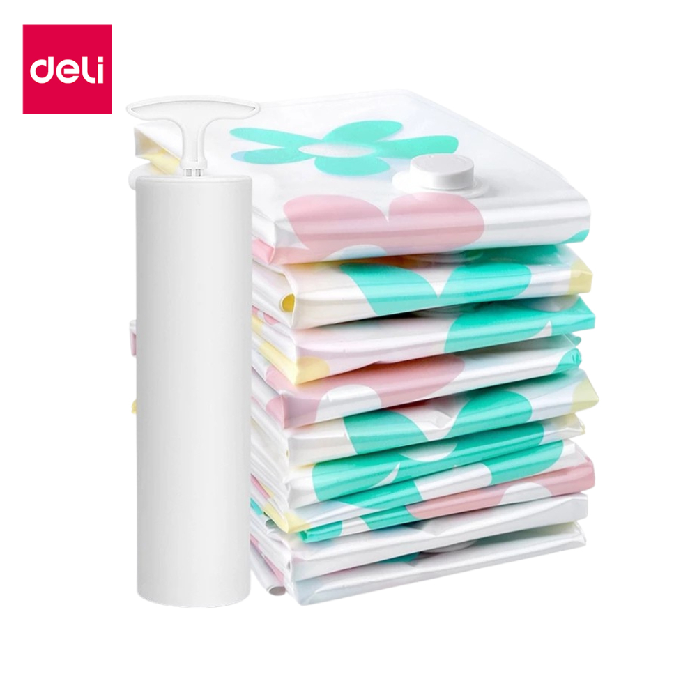 Deli ถุงสูญญากาศ ถุงเก็บผ้านวม 1 ใบ ลายดอกไม้ มีวาล์ว ประหยัดพื้นที่ ใช้ซ้ำได้ Storage Vacuum Bag