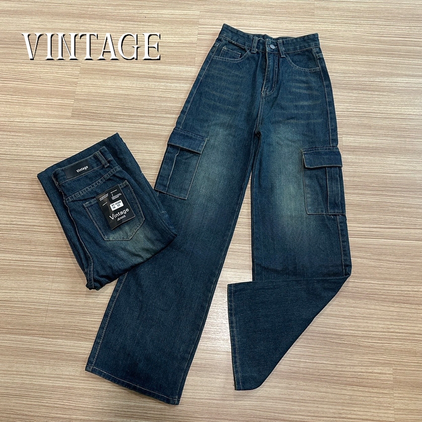 Vintage รุ่น H5088 กางเกงยีนส์ คาร์โก้ ทรงกระบอก สีสนิม แต่งเฟดขา ทรงสวยผ้าไม่ยืด กระเป๋าตรง 2 ใบ