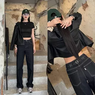 ยีนส์ Nammon Jeans BA07 กางเกงยีนส์เอวกลางกระบอกใหญ่ รุ่น Lucky Belt - ผ้าไม่ยืด