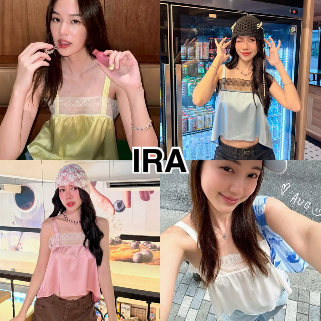 BY IRA เสื้อสายเดี่ยว คอเสื้อแต่งลูกไม้ ผ้างานซาติน สไตล์เรียบๆ แต่น่ารัก