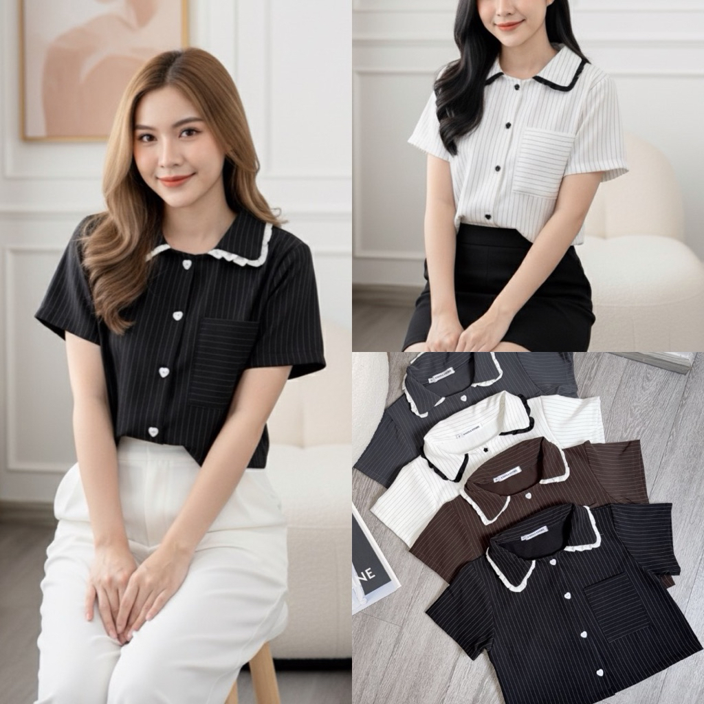 Millee  i Top เสื้อเบลแขนสั้นลายทางคอปกแต่งระบาย🖤พร้อมส่ง