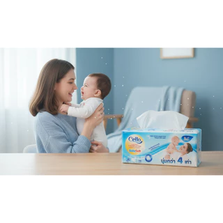 [3 แพค / 12 ห่อ] Cello babysoft กระดาษทิชชู่เช็ดหน้า หนา4ชั้น 130 แผ่น