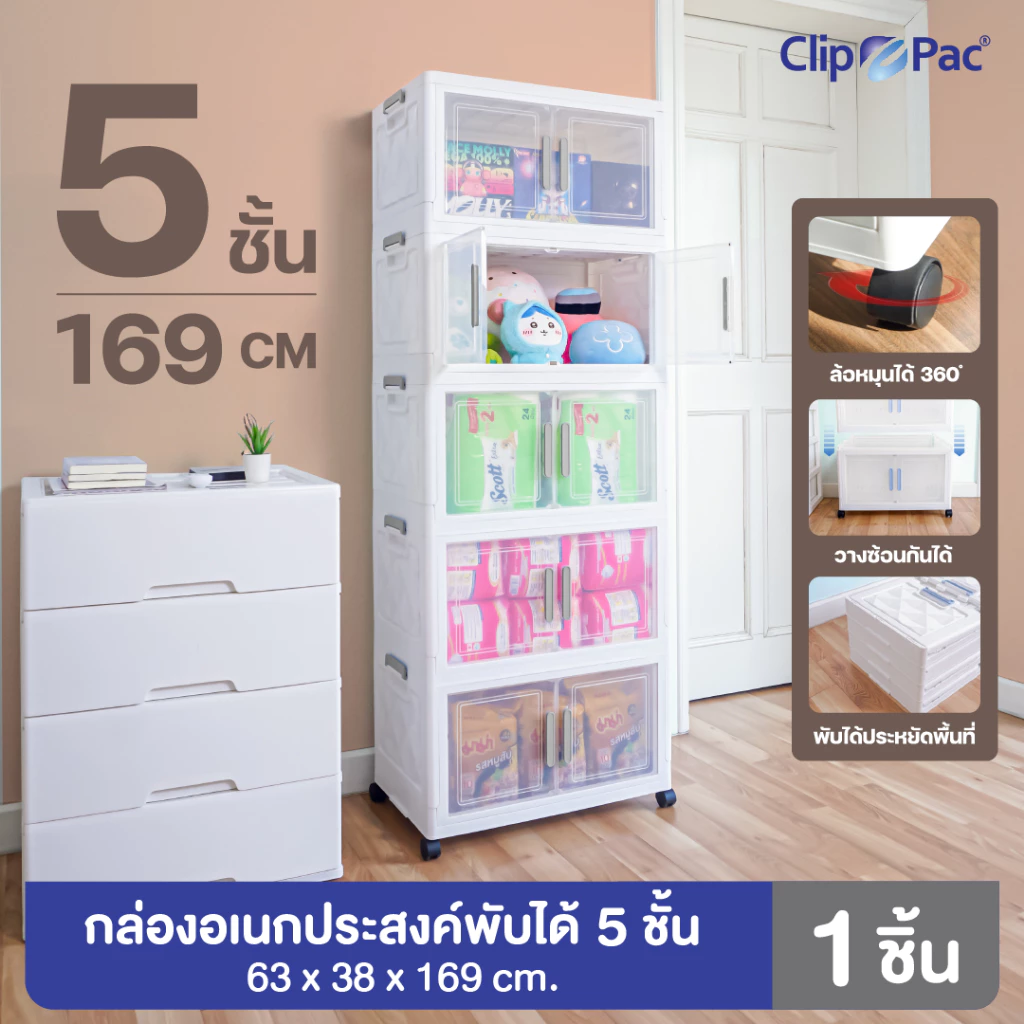 ตู้เก็บของ 1-5 ชั้น ใบใหญ่ ตู้เก็บของพับได้ แบรนด์ Clip Pac กล่องเก็บของพับได้ มีล้อ ฝาเปิด-ปิดแบบแม่เหล็ก
