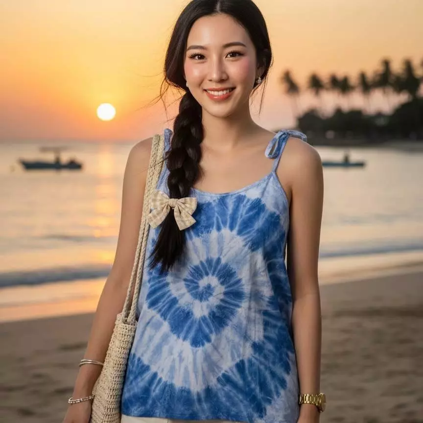 เสื้อสายเดียวผ้าสปัน มัดย้อมคราม เนื้อพริ้ว เย็นสบาย  รอบอก38 นิ้ว thumbnail 9