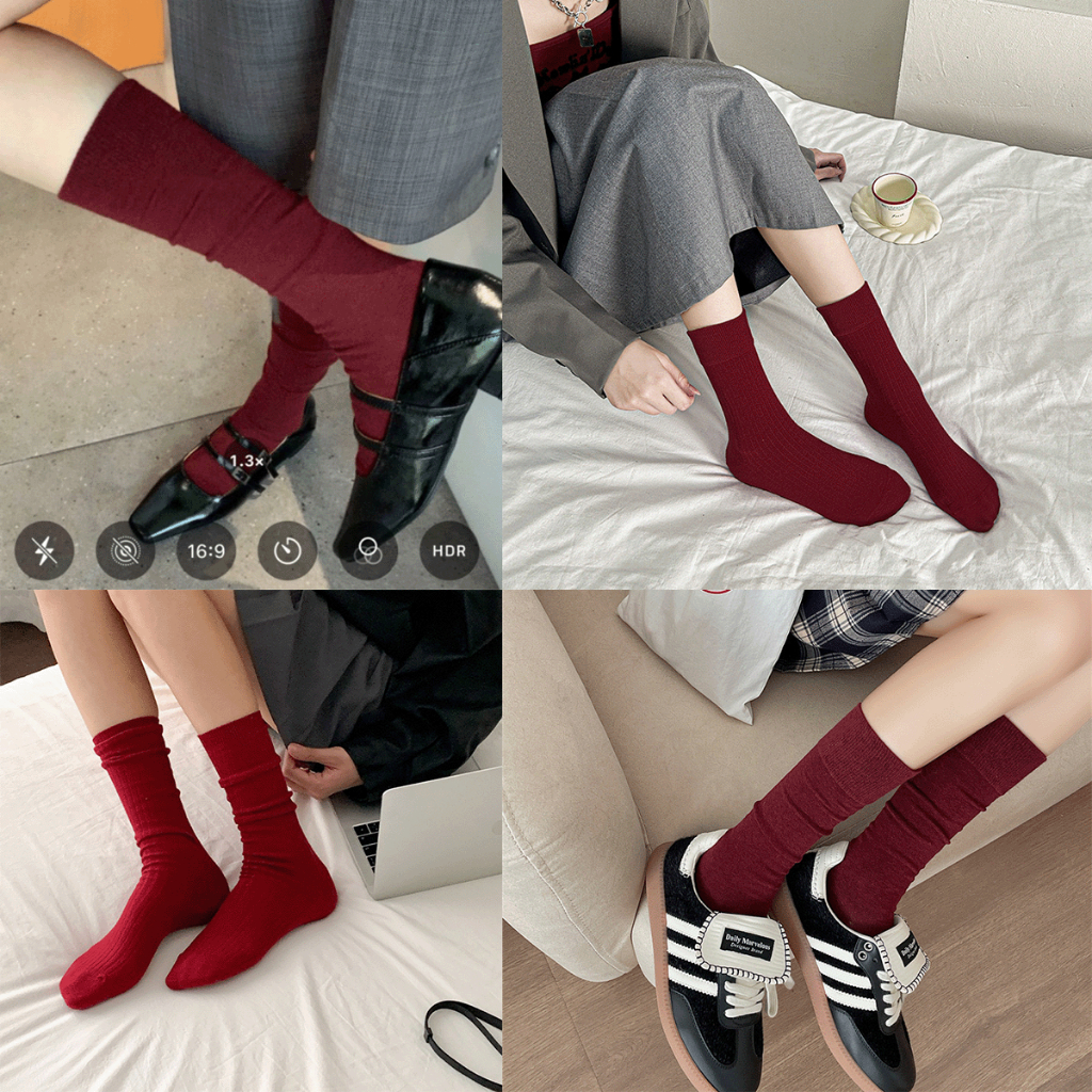 ONEIMO🍑 ถุงเท้า แดงนำโชค สีไวน์แดงเข้ม ผ้าฝ้าย รุ่น LUCKY RED V2 ✨พร้อมส่ง