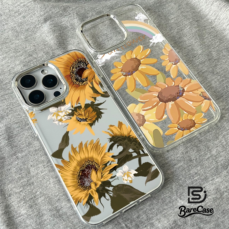 เคสไอโฟน11 For iPhone 16 11 13 12 14 15 Pro Max 7 Plus เคส ลายดอกทานตะวัน รูปแบบโปร่งใส ซิลิโคนนุ่มกันกระแทก กรอบรูปโลหะ