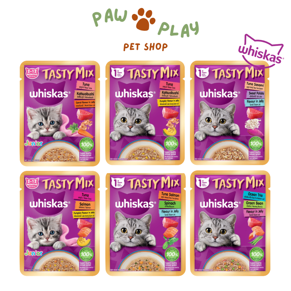 Whiskas Tasty Mix วิสกัส เทสตี้ มิกซ์ อาหารเปียกแมวสำหรับแมว 1 ปีขึ้นไป ขนาด 70 กรัม