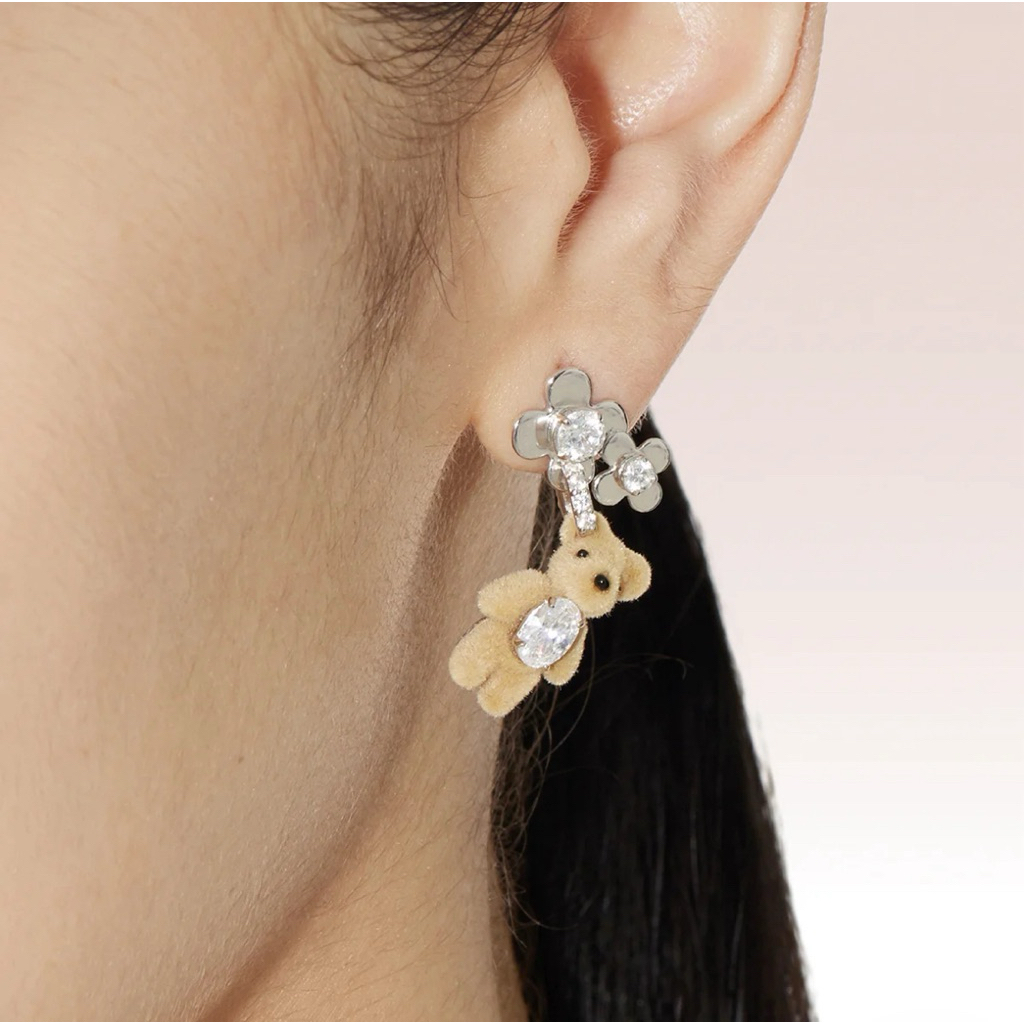 YVMIN ต่างหูเงิน 925 หมีจิ๋วกำมะหยี่ดอกไม้ประดับคริสตัล 1คู่