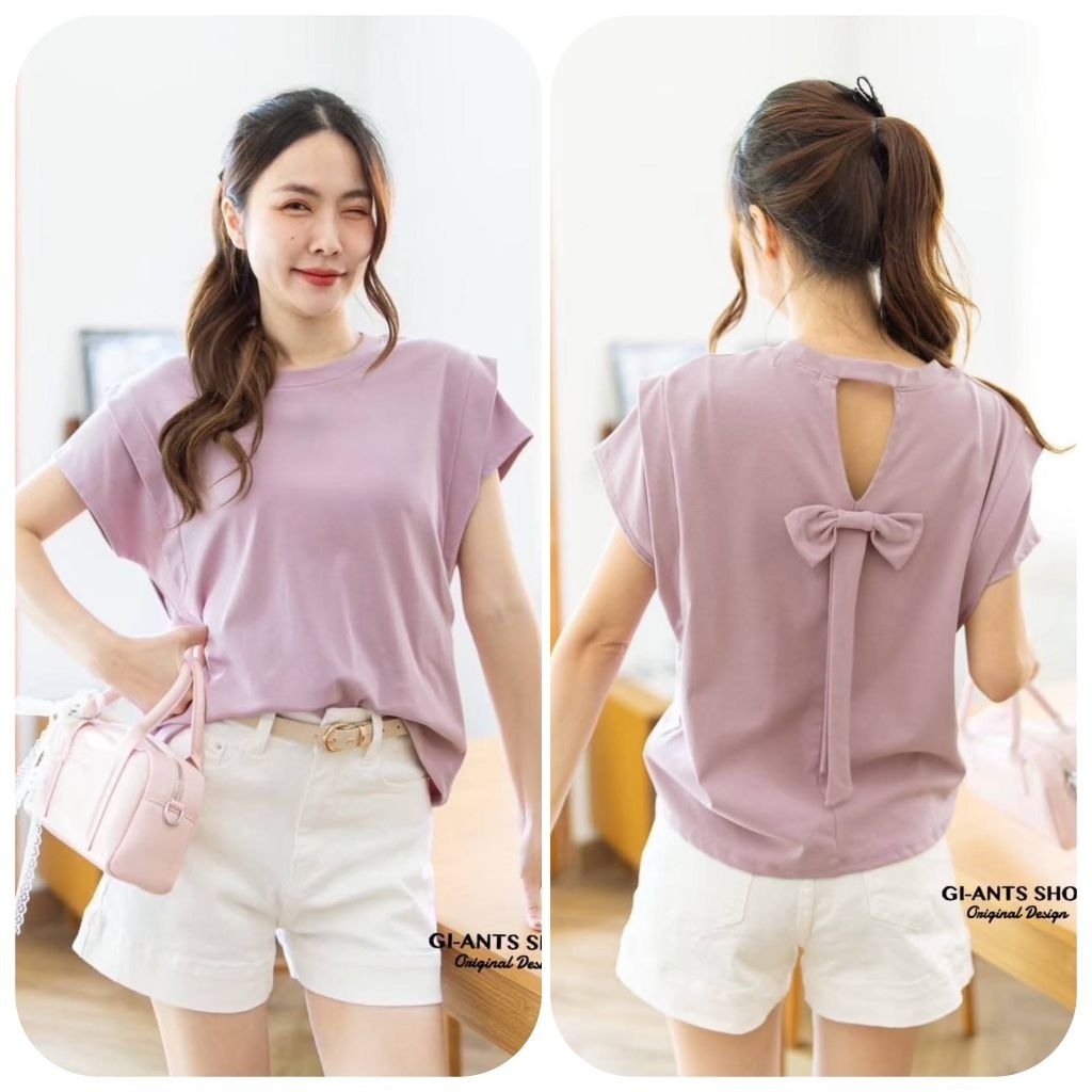 GI-ANTS  (อกหน้าผ้า 40") เสื้อยืดคอกลมไหล่ล้ำดีเทลแต่งโบว์หลัง