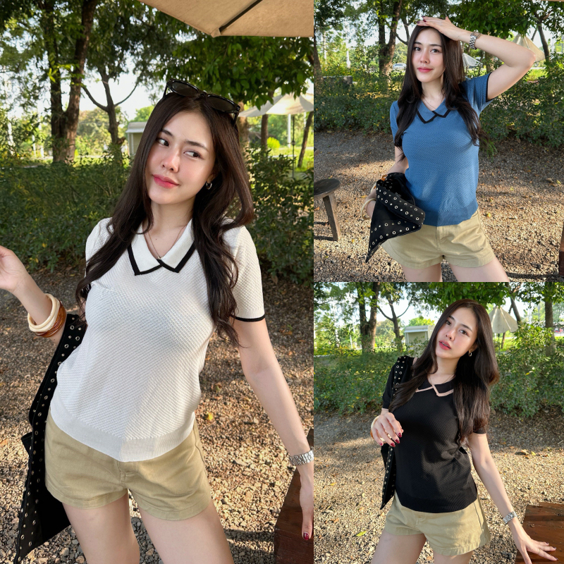 SpinnyHouse เสื้อยืดคอกลม แขนสั้้น ผ้าไหมพรม แต่งคอปก พิมพ์ลายในตัว เรียบหรูดูแพง เสื้อใส่ทำงาน รุ่น ตอบโจทย์