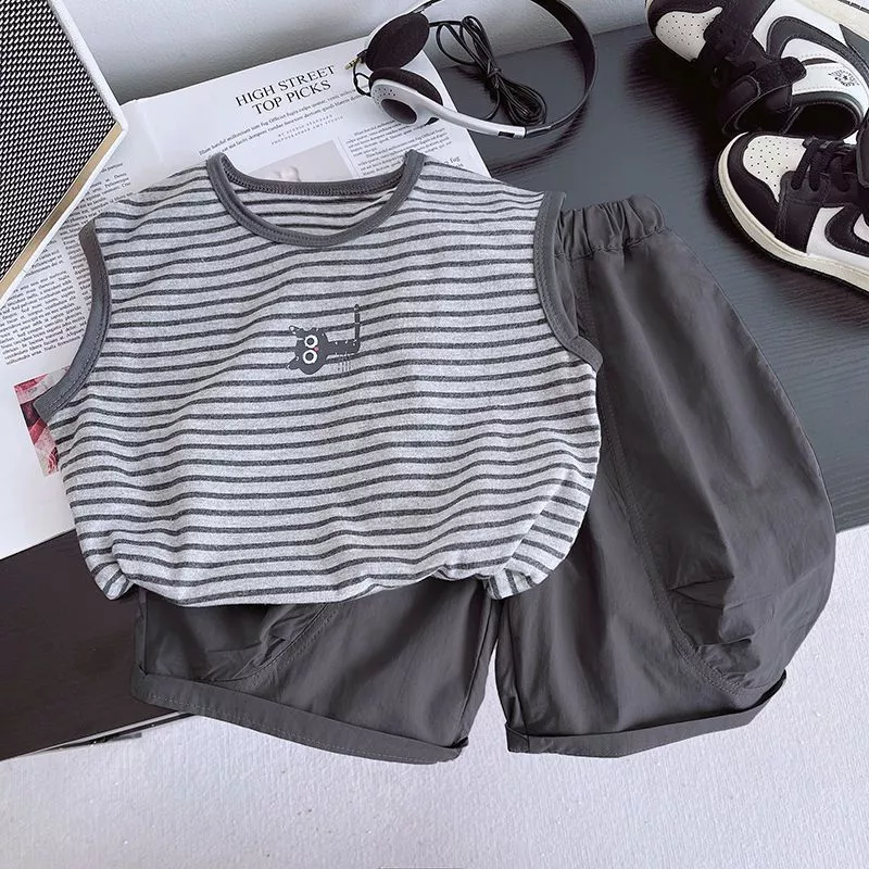 ชุดเด็กผู้ชาย 6เดือน-5ปี เสื้อกล้ามลายทาง กางเกงเกาหลี 2ชิ้น ผ้าคอตตอน ใส่สบาย