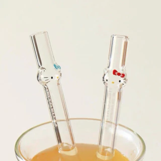 หลอดแก้ว Hello Kitty น่ารัก เหมาะสำหรับชานม กาแฟ และเครื่องดื่มอื่นๆ ทนความร้อน ดูดไข่มุกได้