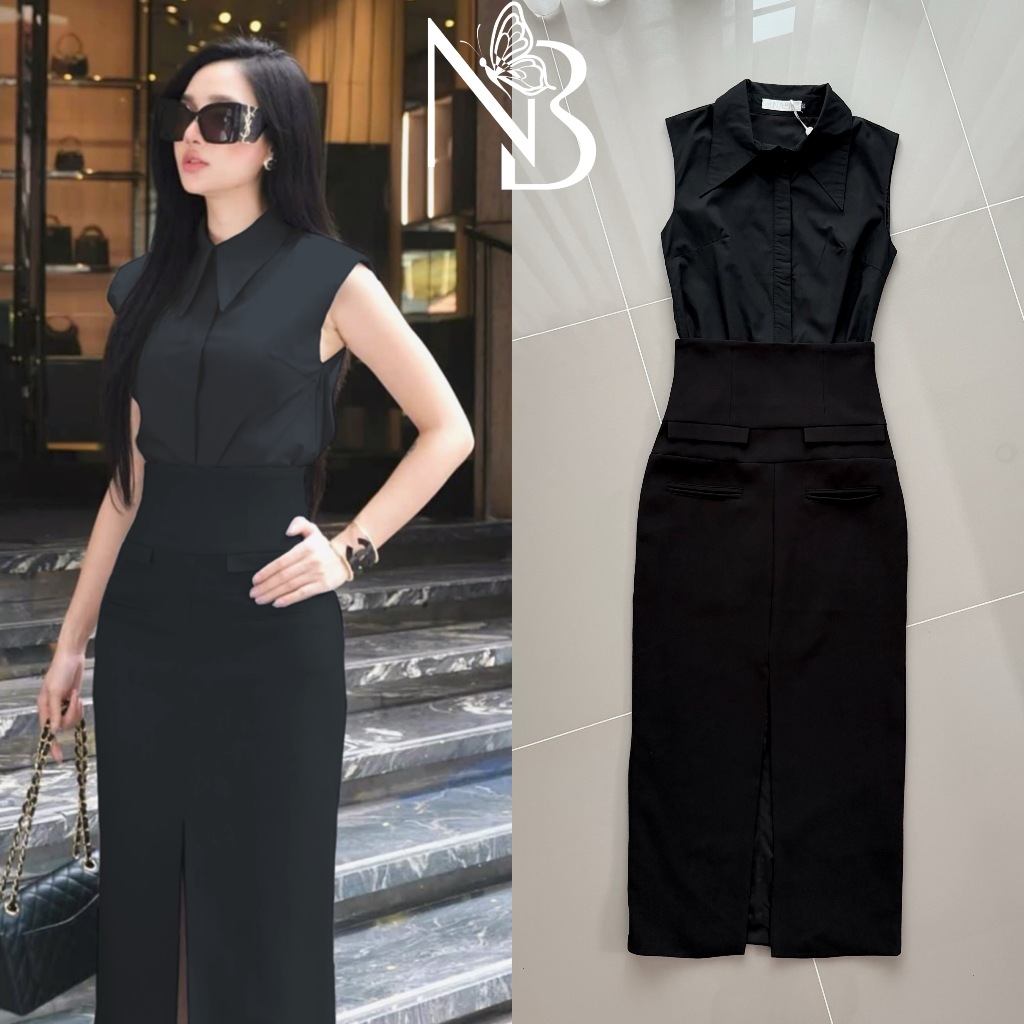 NABIBRAND เซทเสื้อลุคCEOเชิ้ตคอปกแขนล้ำ-กระโปรงเอวสูง