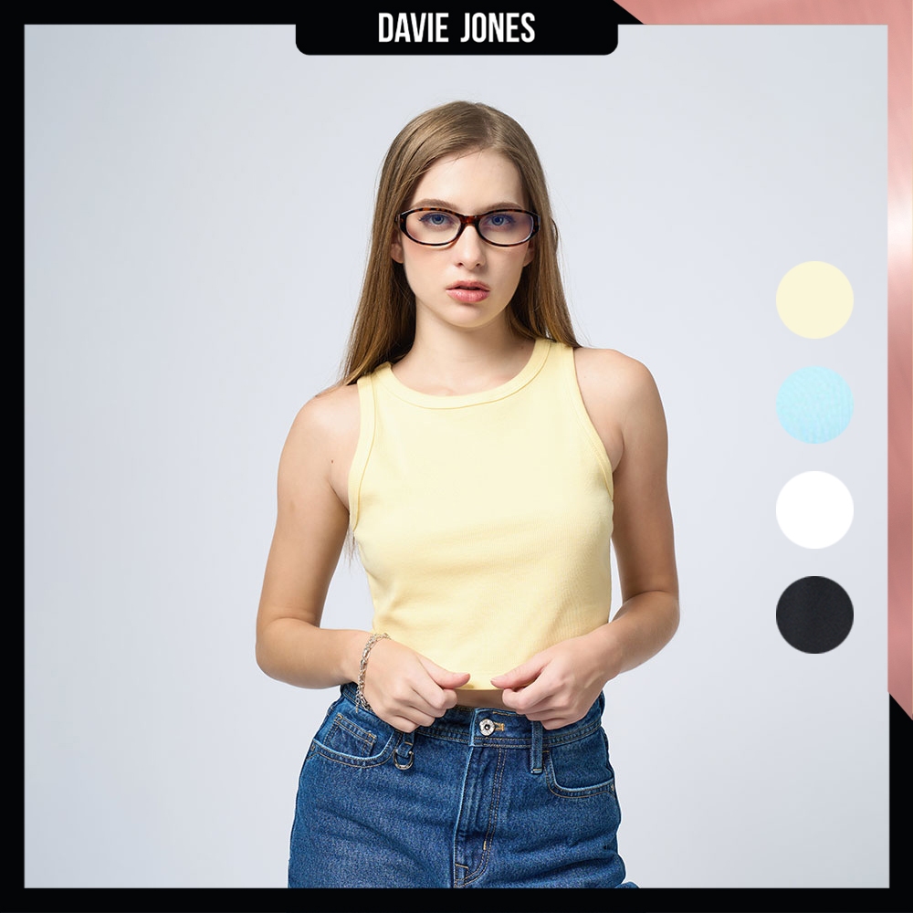 DAVIE JONES WOMEN [BE FEARLESS] เสื้อกล้ามผู้หญิง Basic Tank Top Crop สีเหลือง ฟ้า ขาว ดำ BA0011