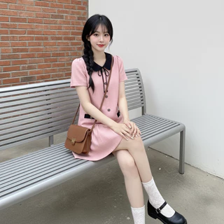 【XS-5XL】 มินิเดรส ดีเทลเเต่งโบว์ ใส่เดท โทนสีพื้นมินิมอล เดรสสาวอวบ ดีไซส์พรางหุ่น สำหรับสาวพลัสไซซ์