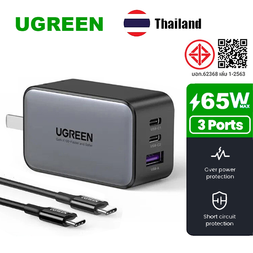 UGREEN 65W 3-Port GaN Charger - ออกแบบพับได้กะทัดรัด ชาร์จเร็วสำหรับแลปท็อป โทรศัพท์ แท็บเล็ต