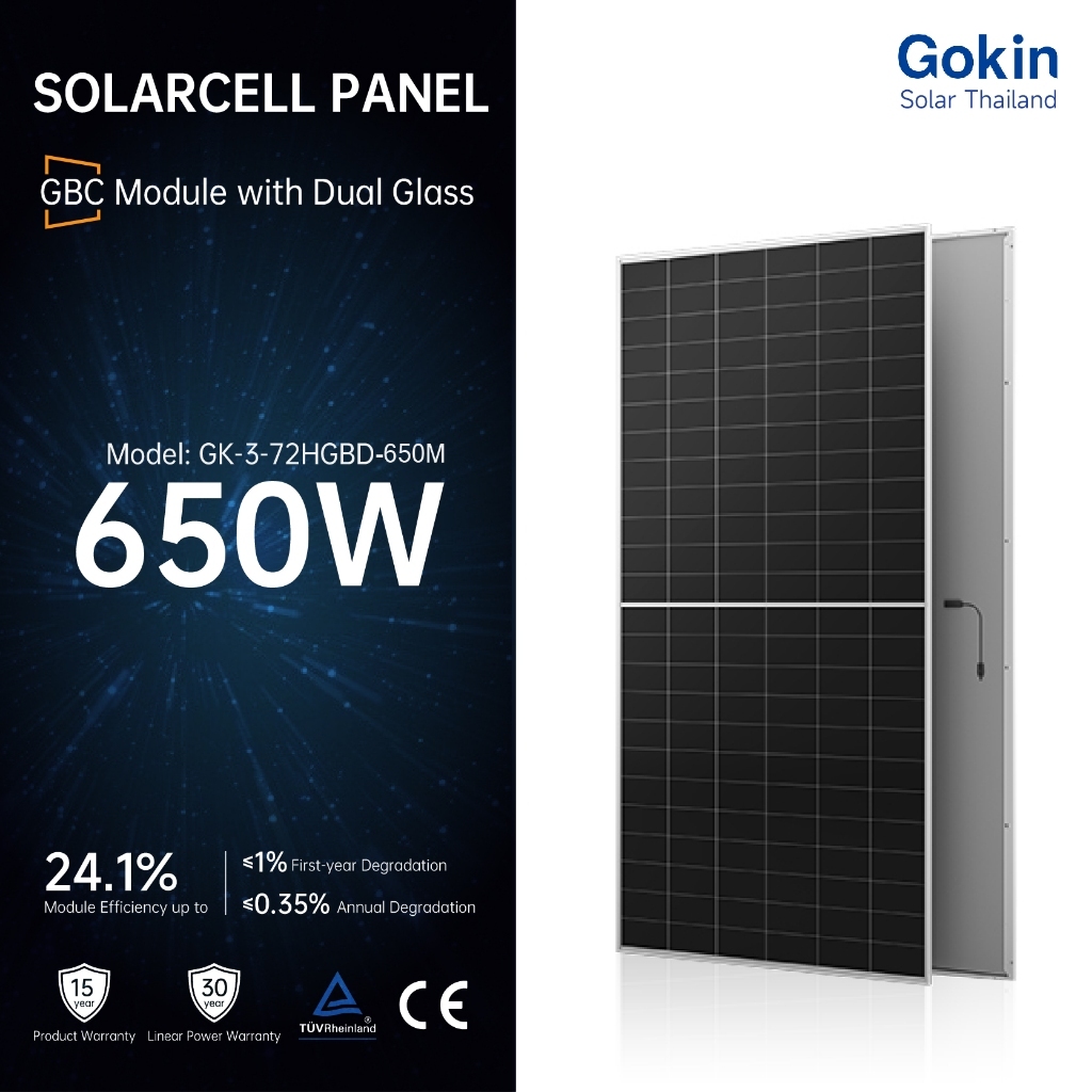 Gokin Solar Panel ส่งฟรี แผงโซล่าเซลล์  650W รุ่น GK-3-72HGBD-650M แผงโซลาร์เซลล์คุณภาพสูง