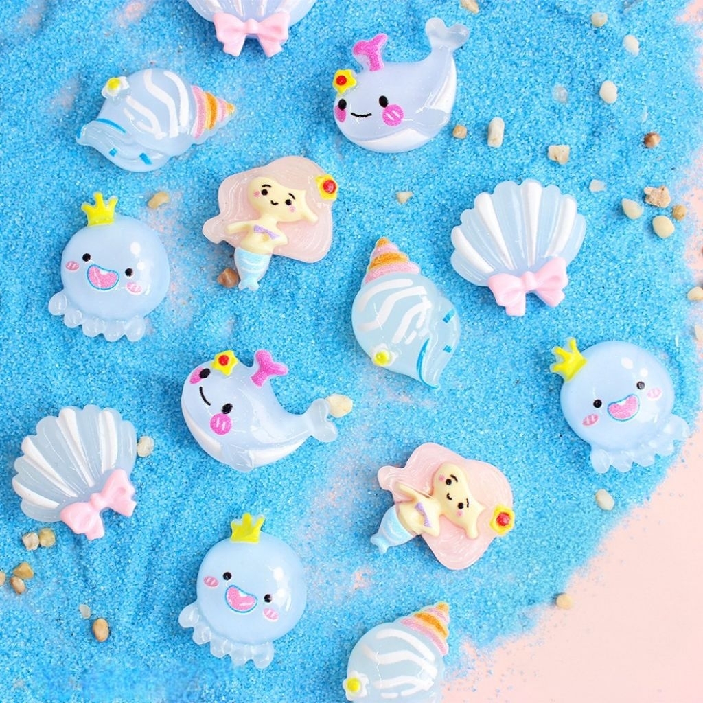 <10ชิ้น> เรซิ่นนางเงือกปลาวาฬหาดทรายโทนฟ้า แบบใส งานฝีมือ ติดเคสมือถือและอื่นๆ