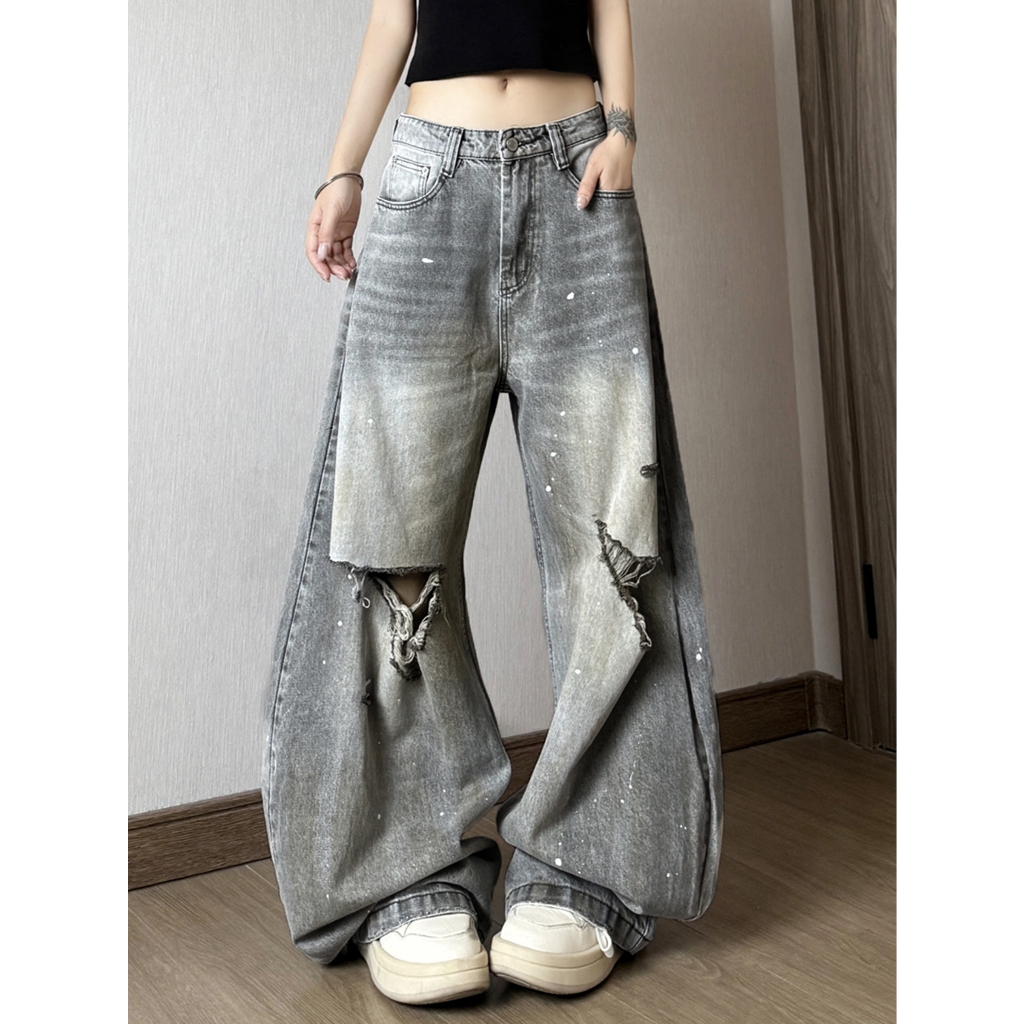 กางเกงยีนส์ กางเกงยีนส์ขาด ฟอกน้ำ ทรงหลวม ออกแบบสวย#1305
